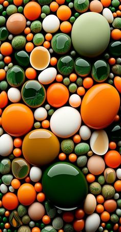 an abstract painting with oranges, green and white stones in the shape of circles