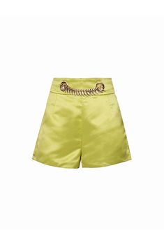 High waisted luxe satin shorts with concealed rear zip fastening and chain detail on the front waist. Fabric Content: 97% Polyester, 3% Elastane. Hand wash with care. Satin Shorts, Green Satin, Independent Designers Fashion, Designer Collection, Badger, Halter Neck, Short Outfits, Women Empowerment, Fabric Care