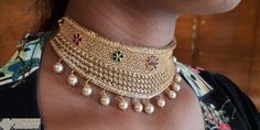 22K Gold Choker Necklace with Cz , Color Stones & Culture Pearls - 235-GN4570 in 54.500 Grams 22k Gold Bangles, 22k Gold Earrings