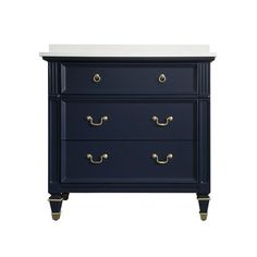 a blue dresser with two drawers and marble top