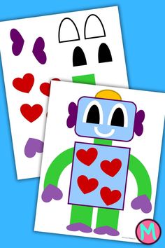 two printable pictures of a robot with hearts on it and the letter m in the middle