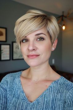 Choppy lengthened pixie cut with side bangs for fine hair. Pixie Haircut Ideas, Side Bangs