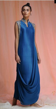 Drape Dresses Indo Western, Kaftan Design, Frocks And Gowns, Lehenga Saree Design, Designer Kurti Patterns, Bollywood Outfits, Moroccan Blue, Indian Gowns Dresses, Silk Kurta