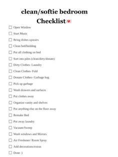 the clean / softe bedroom checklist is shown