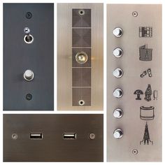 four different types of buttons and knobs on a metal surface, including an electrical device