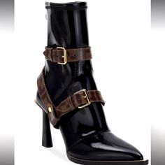 Fendi Bootie Neoprene Bootie W/Signature Fendi Harness Overall Black W/ Brown/Tan Luxury Ankle Strap Heels For Fall, Luxury Heels With Ankle Strap For Fall, Designer Patent Leather Fall Heels, Designer Fall Patent Leather Heels, Fendi Black Boots, Womens Fendi Boots, Designer Ankle-high Boots With Sculpted Heel, Fendi First Heels, Fendi Heels