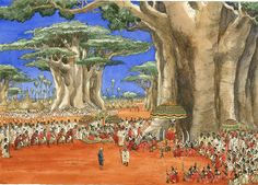 a painting of people standing in front of trees and an elephant on the other side