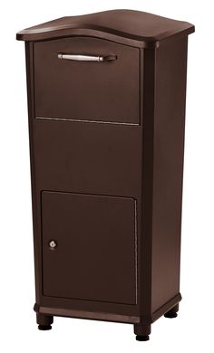 a brown cabinet with two drawers on wheels and an open drawer in the bottom right corner