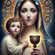 the virgin mary and child jesus holding a chalice in front of a blue background