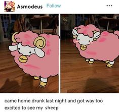 an animated sheep with pink hair standing on a wooden floor next to another cartoon sheep