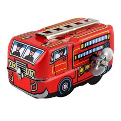 a red toy fire truck with chrome wheels