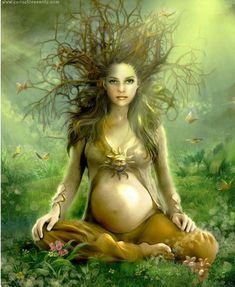 a pregnant woman is sitting in the grass with her hair blowing in the wind and butterflies around her