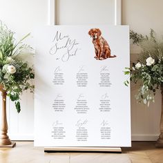 a table plan with a dog sitting on it and flowers in vases next to it