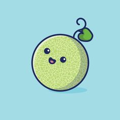 an illustration of a green apple with eyes and a leaf sticking out of it's side