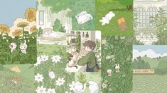 an image of many different scenes in the same place with animals and flowers on them