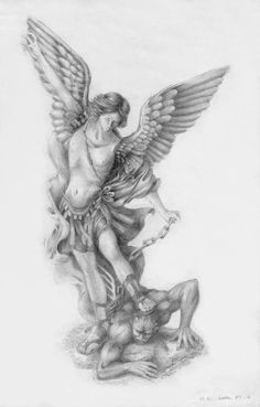 a pencil drawing of an angel kneeling down on a man's back with his arm around him