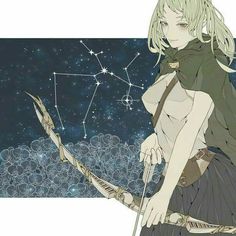 an anime character with long blonde hair holding a bow and arrow in front of stars