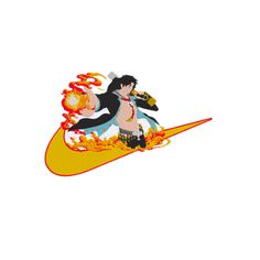 an anime character riding on top of a yellow and red fireball with flames coming out of it