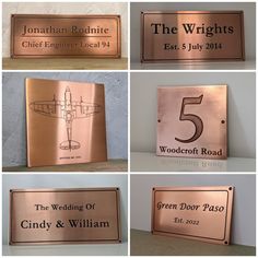 four different plaques with names and numbers on them, including one for the wedding or five for the reception