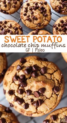 sweet potato chocolate chip muffins on a cooling rack with text overlay that reads, sweet potato chocolate chip muffins