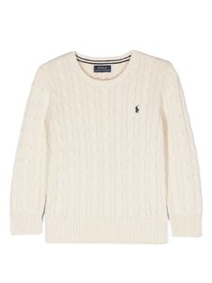 cream white cotton cable knit signature Polo Pony motif embroidered logo at the chest crew neck long sleeves ribbed cuffs and hem straight hem Kids Collage, Designer Ralph Lauren, Polo Ralph Lauren Kids, Polo Pony, Ralph Lauren Kids, Snow Angels, Kenzo Kids, Un Logo, Embroidered Sweater