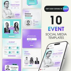 the top 10 event social media templates for your business presentation is displayed in purple and blue