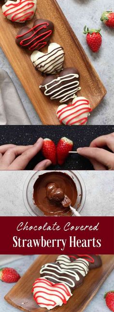 chocolate covered strawberries in the shape of hearts on a wooden platter with melted chocolate