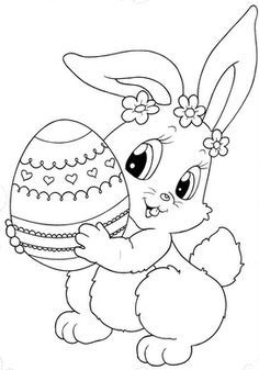 an easter bunny holding an egg in her hand coloring pages for kids, printable