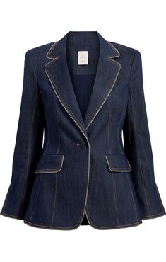 Elevate your style with the Danicka Blazer. Crafted with indigo denim, it features a chic blazer silhouette, collared neckline, and notched lapels. Complete with flap pockets and metallic piping, this blazer adds a touch of sophistication to any look. Upgrade your wardrobe today. Details Button frontFabric: Indigo Deni Denim Bows, Skirt Coverup, Chic Blazer, Cinq A Sept, Short Denim Skirt, Denim Outerwear, Embellished Denim, Denim Blazer, Tie Sleeve