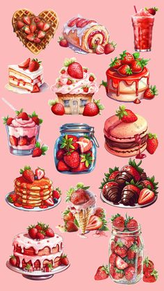 a bunch of different types of cakes and desserts on plates with strawberries in them