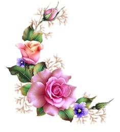 a pink rose with green leaves and purple flowers on it's side is shown