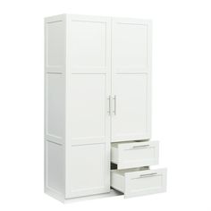 a white armoire with two drawers next to each other on a white background,