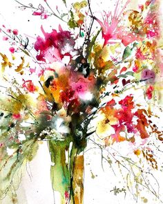 a watercolor painting of flowers in a vase