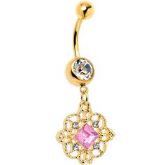 Product DetailsClear Pink Gem Gold Tone Filigree Fantasy Dangle Belly Ring Get fabulous with filigree when you're rocking this 14 gauge navel ring. It's made with a 3/8 inch gold tone plated over 316L surgical grade stainless steel curved barbell with a 5mm top ball end. The bottom ball end is 8mm and set with a clear gem. Dangling beneath it is a filigree charm, an airy feel and textured detailing. It's further embellished with clear gem embellishments and a pink gem rhombus set in the center f Belly Piercing Jewelry, Navel Jewelry, Dangle Belly Rings, Navel Ring, Pink Gem, Belly Piercing, Belly Button Piercing, Navel Rings, Belly Chain