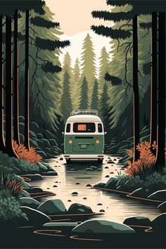 a van driving through a forest filled with lots of trees next to a small stream