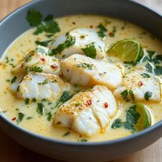 a close up of a bowl of food with broth and garnishes