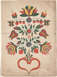 an old book with flowers and hearts on the cover, in red, green, yellow and orange colors