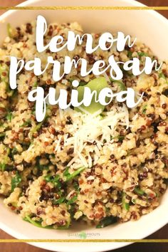 lemon parmesan quinoa in a white bowl with the title overlay