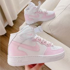 New With Box. Hand Painted Air Force 1 Mid . Pink Air Force 1 High Tops, Nike Mid Pink, Light Pink Nike Shoes, Light Pink Jordans, Pink Nike Shoes Women, Pink Chunky Shoes, Modern Pink High-top Sneakers With Round Toe, Modern Pink Lace-up Custom Sneakers, Modern Pink High-top Custom Sneakers