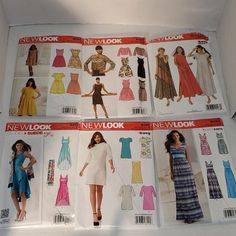 four new look sewing patterns for women's dresses and skirts, all in different styles