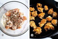 two pictures side by side one with chicken and the other with seasoning in it