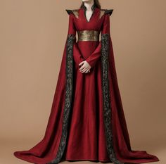 Red Gown Medieval, Fantasy Rouge Outfit, Black And Red Medieval Dress, Rhaenyra Targaryen Red Dress, Targaryen Style Dress, Rhaenyra Wedding Dress, House Of The Dragon Outfit Inspiration, Medieval Dress Princess Royals, Valyrian Dresses