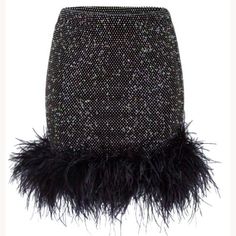 Mini Skirt With Feathers Made Of Open Knit Fabric With Rhinestone Embellishments Throughout. Lined Color: Black Black Feather Mini Skirt, Skirt With Feathers, Santa Brands, Feather Mini Skirt, Feather Crop Top, Feather Skirt, Turkey Feathers, Feather Trim, Rhinestone Embellishments