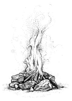 a black and white drawing of a campfire with rocks on the ground next to it