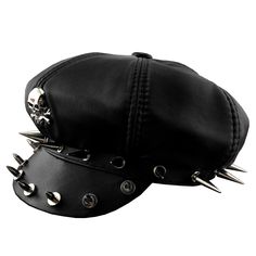 PRICES MAY VARY. Material : Soft Sheepskin Leather color :black Width: Approx. （59-60cm） Cool Punk Rock Skull Spike Cap Biker NewsBoy Flat Cap Mens Women Unisex Punk Rock Fashion, Mens Newsboy Hat, Estilo Punk Rock, Mode Punk, Mens Sun Hats, Skull Hat, Moda Punk, Cap Mens, Estilo Punk