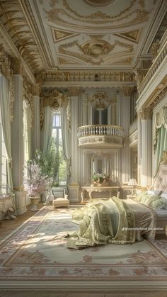 an ornate bedroom with white walls and gold trimmings on the ceiling, along with large windows