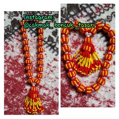 the beaded necklace has been made with red and yellow beads