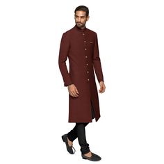 Fitted Traditional Wear With Dabka For Semi-formal Occasions, Fitted Dabka Traditional Wear For Semi-formal Events, Fitted Long Sleeve Sherwani For Semi-formal Occasions, Fitted Semi-formal Sherwani, Semi-formal Fitted Long Sleeve Sherwani, Fitted Unstitched Suit For Festive Winter Season, Winter Straight Kurta Bandhgala, Winter Fitted Straight Kurta Bandhgala, Fitted Long Nehru Jacket For Winter