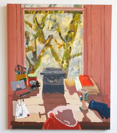 an oil painting of a table with books and other items on it in front of a window