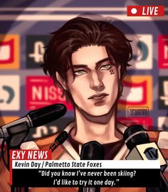 an animated image of a man with microphones in front of him and the words exy news